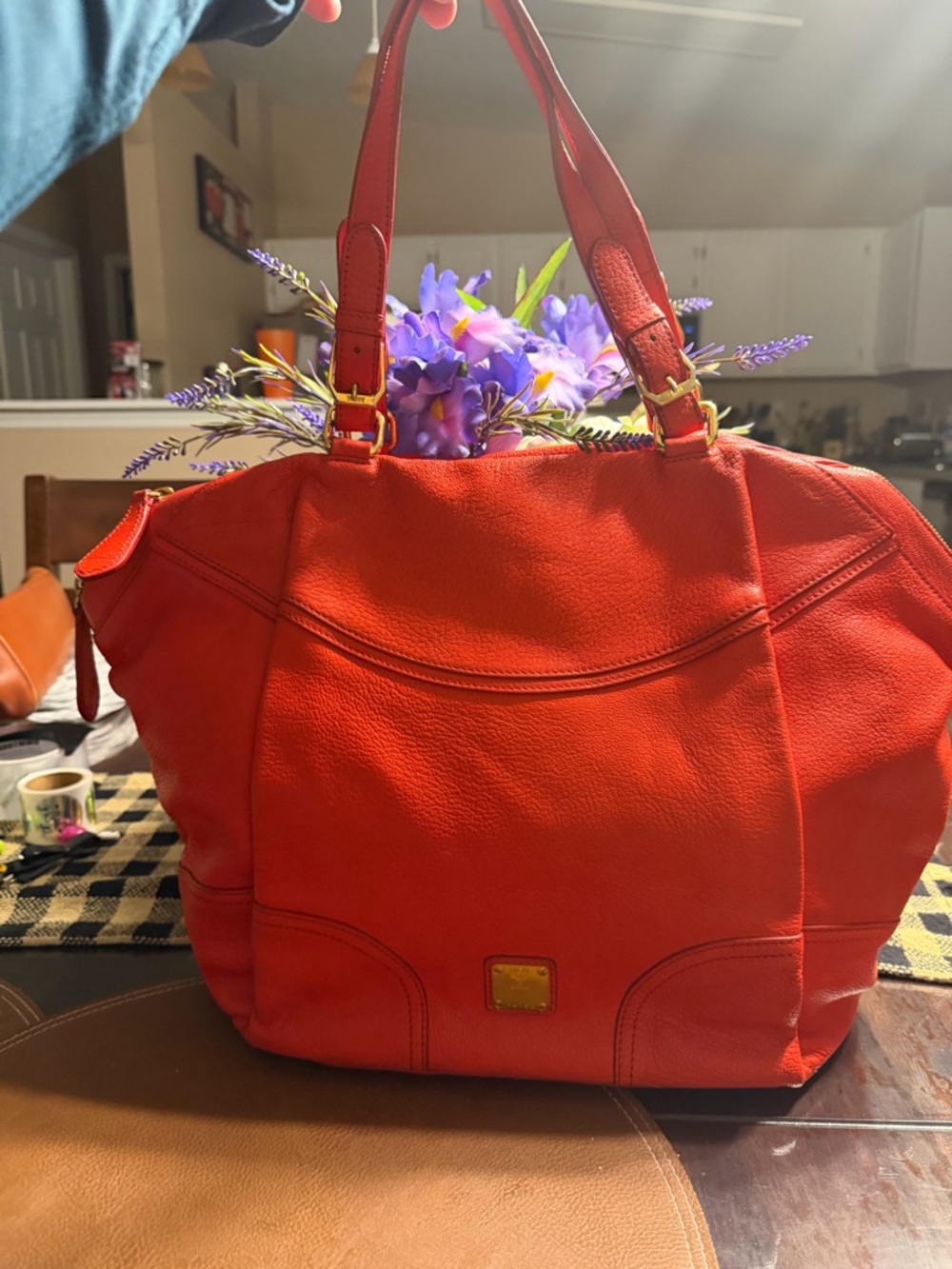 MCM Red Leather Tote Bag with Gold Hardware